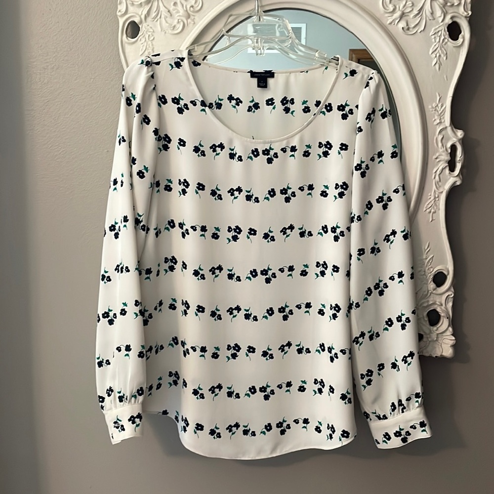 LOFT Scoop Neck Navy Floral Long Sleeve Blouse Top Size S